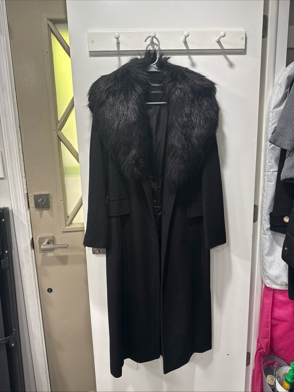 Calvin Klein Black Long Coat with Faux Fur Shawl Collar-PETITE